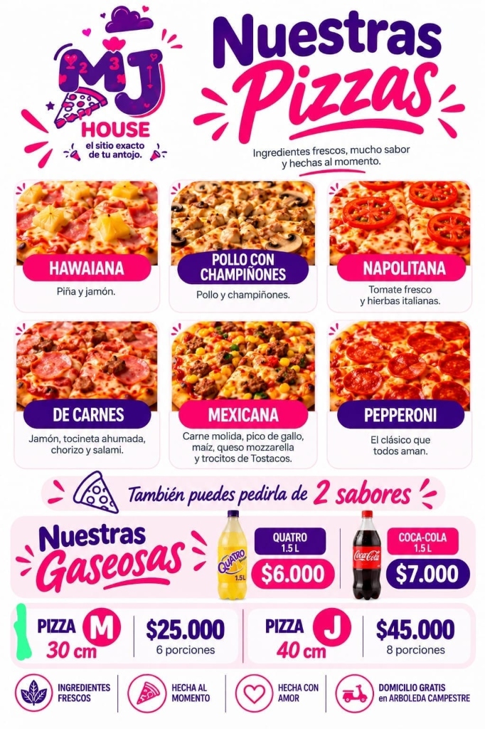 Carta oficial de MJ House Pizzería con precios M $25.000 y J $45.000
